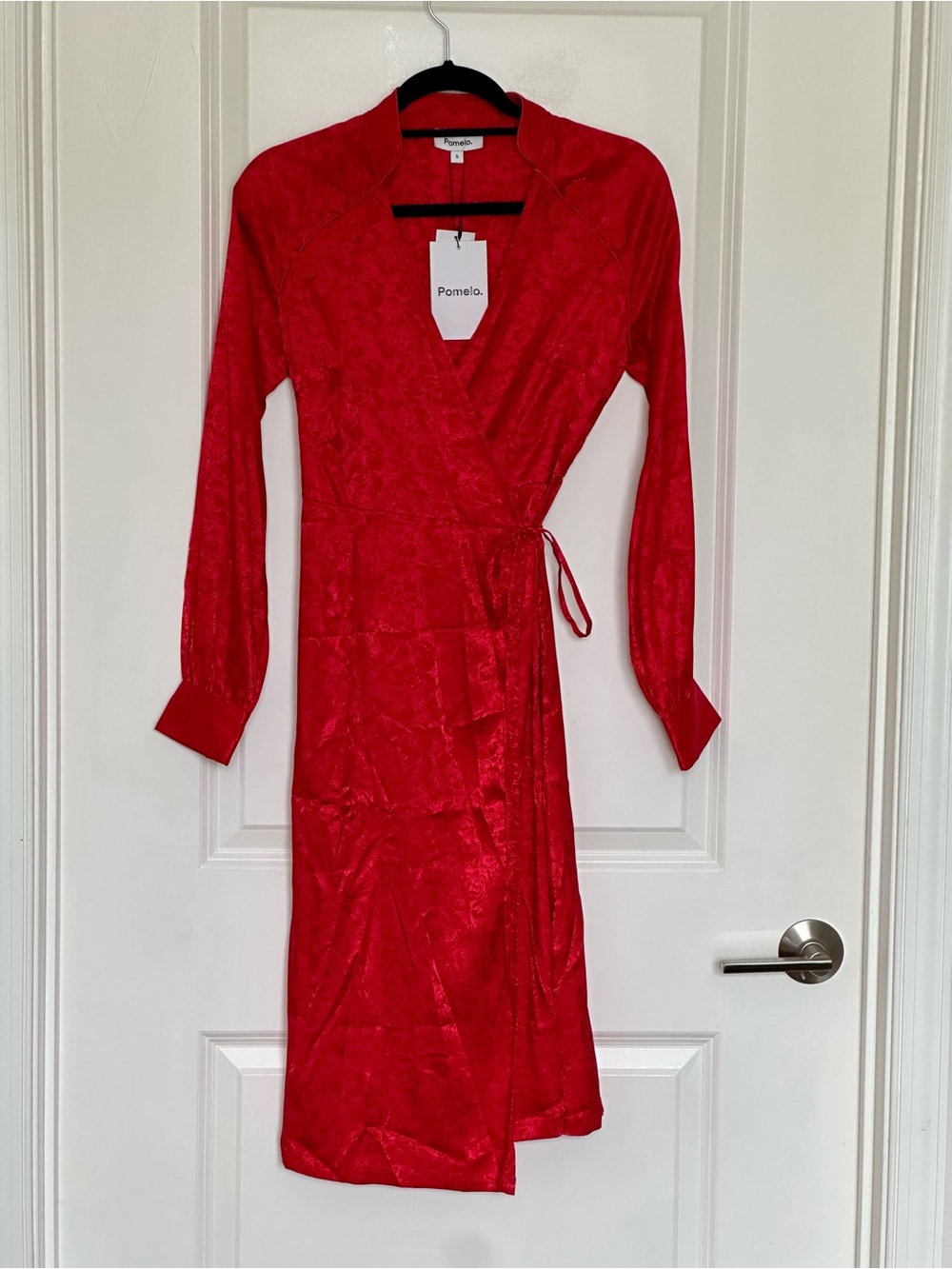Pomelo Red Wrap Midi Dress with Self-Tie Waist